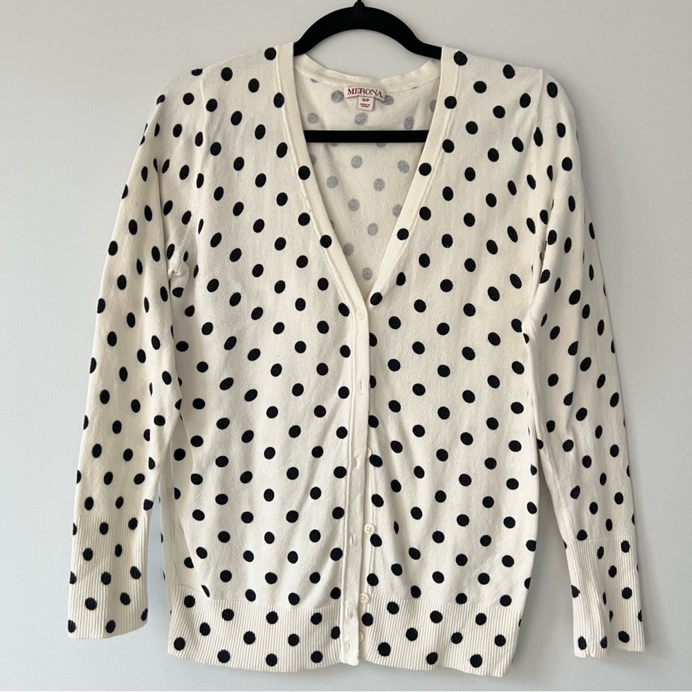 Merona Women's Polka Dot Cardigan Sweater - White and Black Layering Size S - Picture 2 of 5